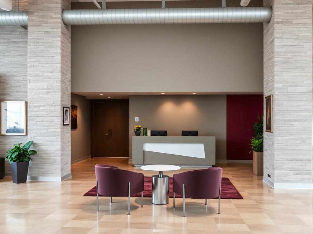 Reception area and lobby seating at a Clayton County, Georgia office suite building